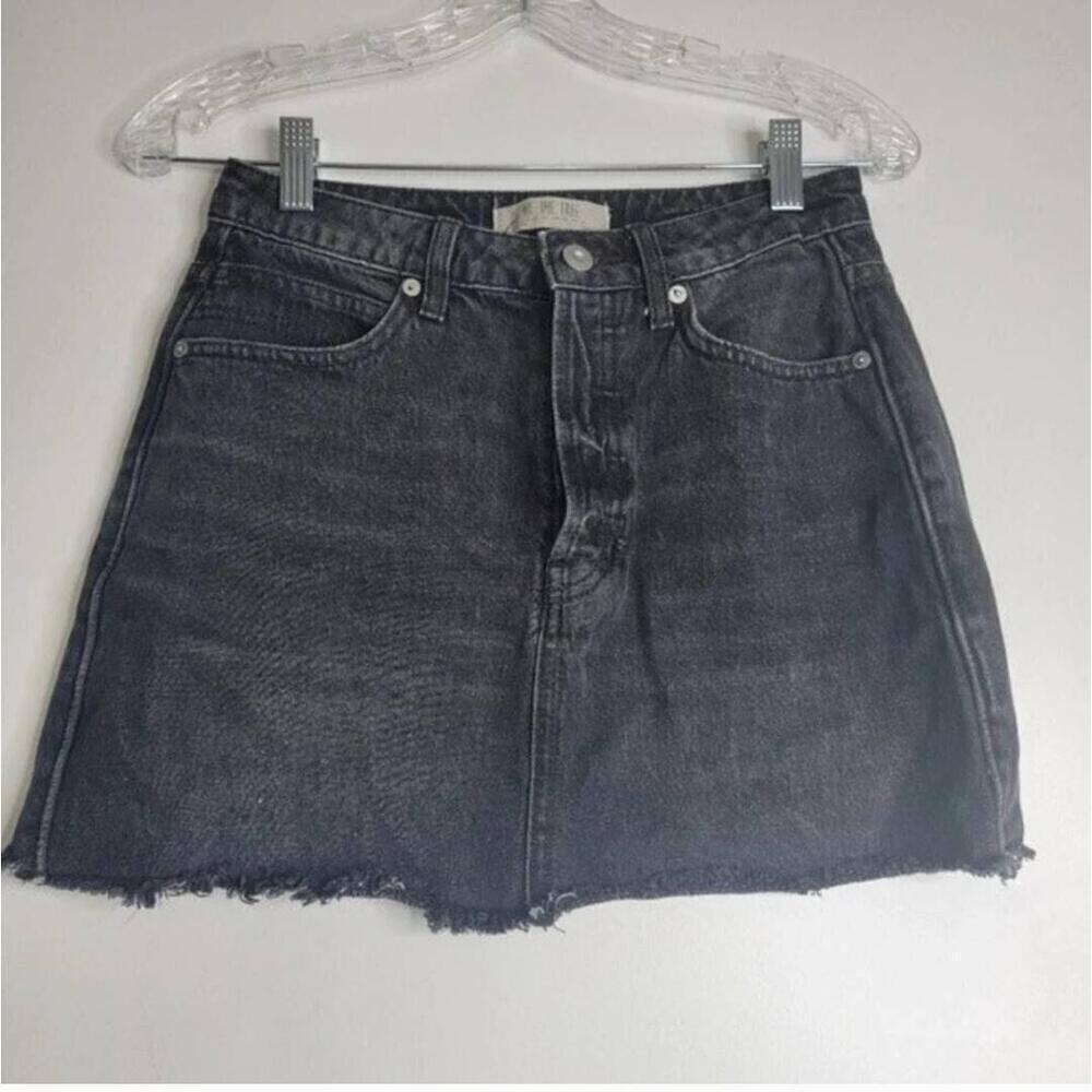 Free People Black A Line Denim Skirt Frayed Hem Button Closure Size 25